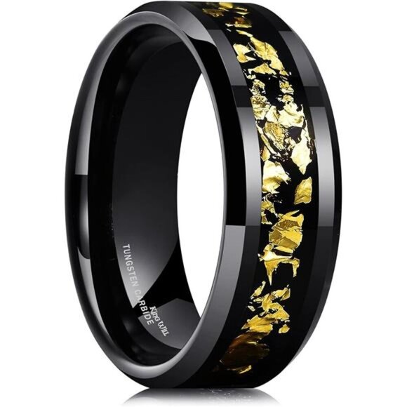 Black Tungsten Carbide Wedding Ring with Black and Gold Foils Inlay Beveled Edge